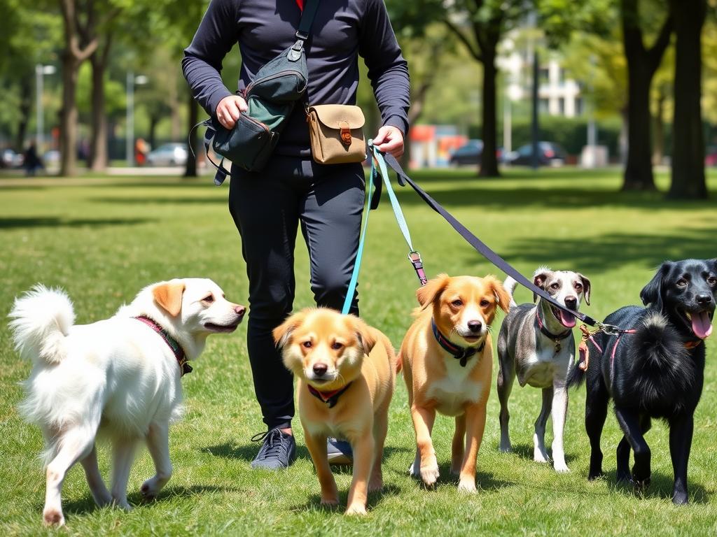 Professional dog walker with multiple dogs in Dublin park - popular small business idea in Ireland for foreigners Professional dog walker with multiple dogs in Dublin park - popular small business idea in Ireland for foreigners