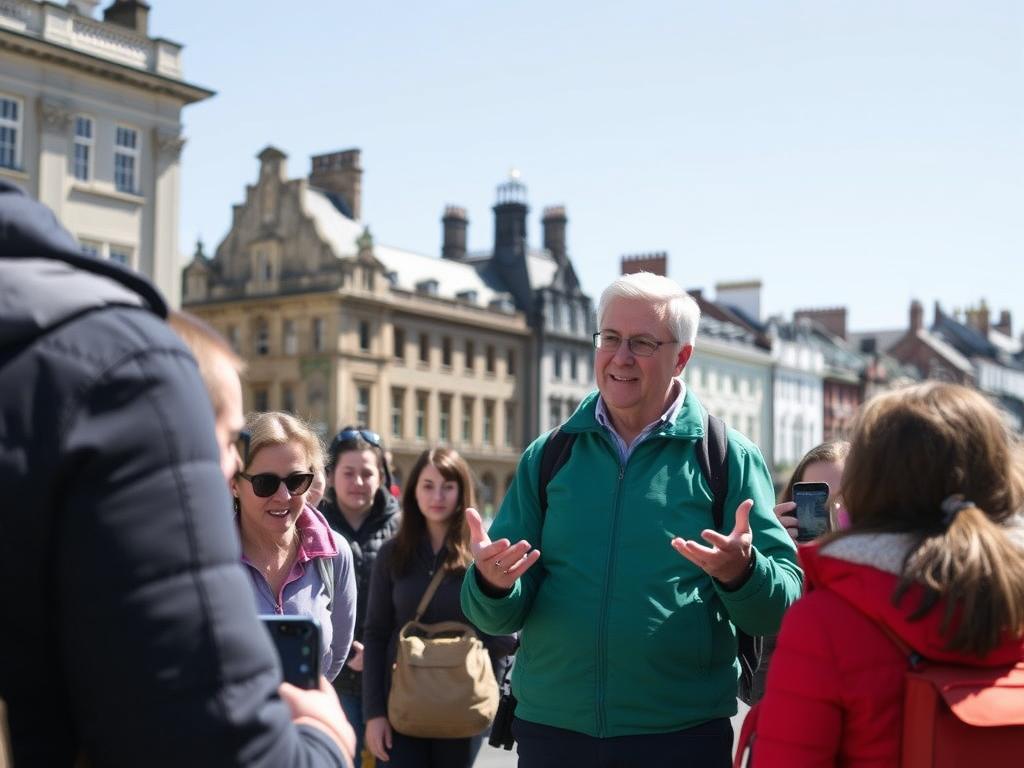 Tour guide explaining Irish landmarks to tourists - example of top small business ideas in Ireland for foreigners Tour guide explaining Irish landmarks to tourists - example of top small business ideas in Ireland for foreigners